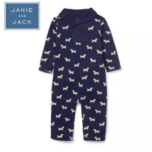 Baby Boys Janie And Jack Navy Blue Dog One Piece Outfit 0-3 Months Shall Collar